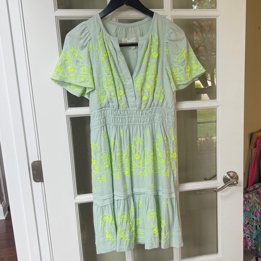 Anthropologie Mint Green somerset Midi Dress with Neon Yellow Embroidery